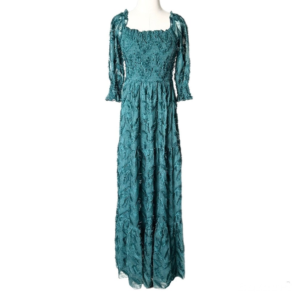 NEW Baltic Born Paloma Smocked Tiered Feather Maxi Dress Emerald Green Medium - Picture 2 of 6